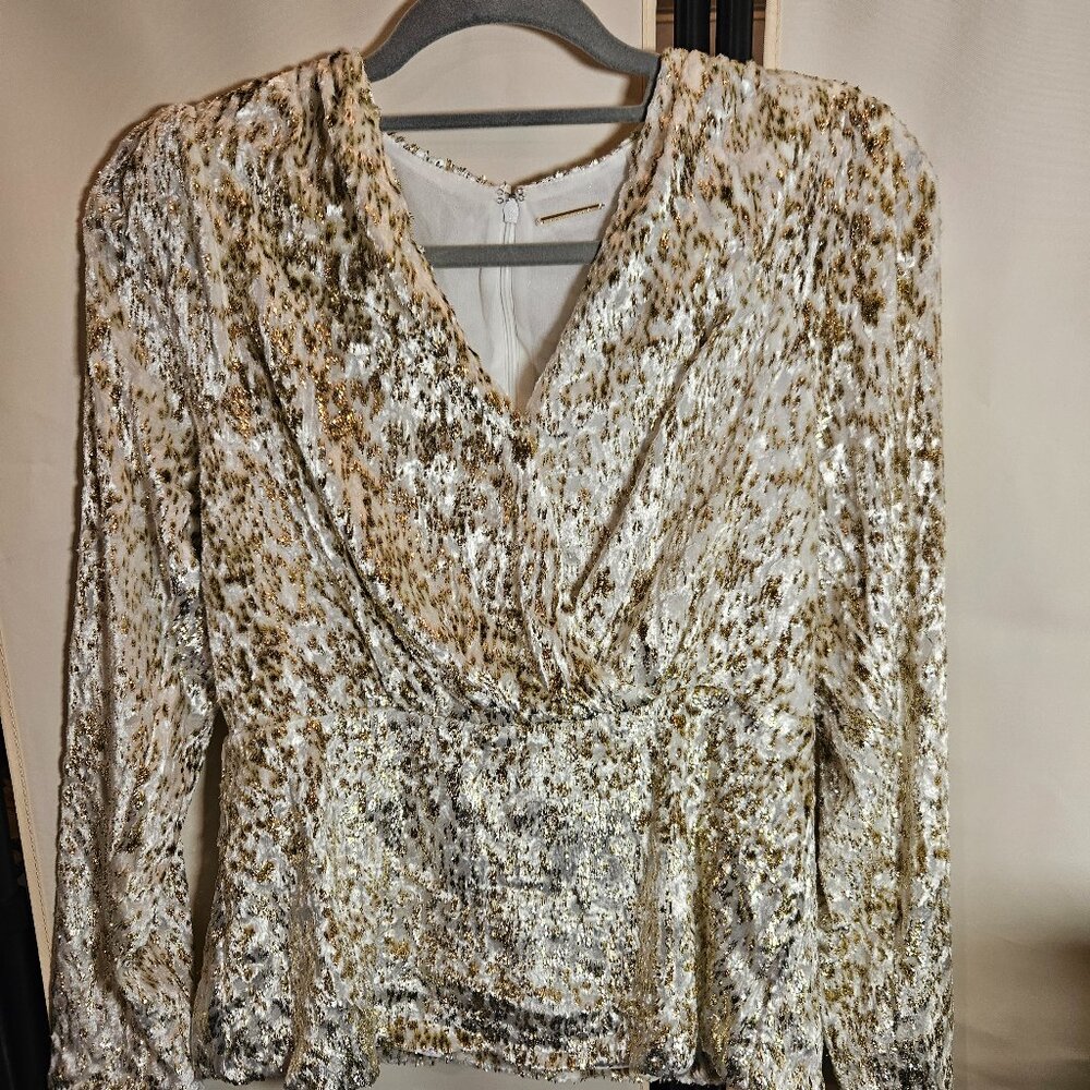 Elie Tahari Sequin Peplum Top Sky White and Gold Size 6